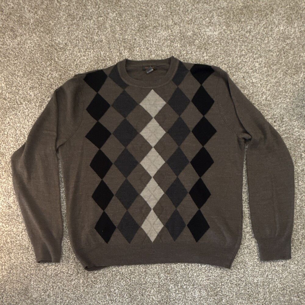 Dockers Men’s XL Argyle Sweater Brown Black Gray Crewneck 100% Acrylic Preppy